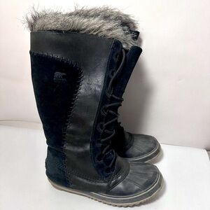 Sorel Boots Womens 8 Black Cate the Great Waterproof Snow Fur Leather Kn…
